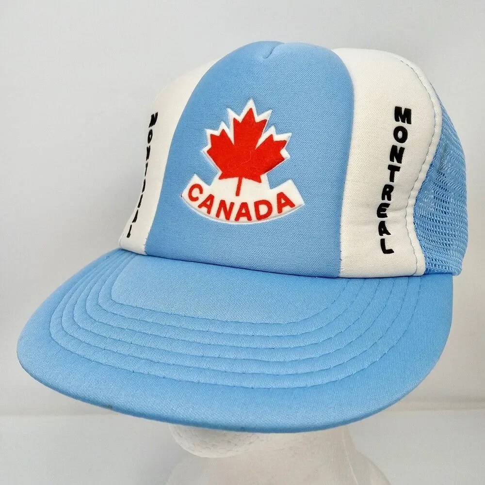 Vintage Montreal Canada Snapback Hat Mesh Trucker Cap 90s Maple Leaf Blue White